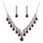 Rhodium colour plated choker and pierced drop earrings set with genuine Clear and Garnet crystal stones.
