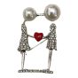 Venetti collection, Rhodium colour plated mother and daughter brooch with genuine Clear crystal stones, a Red enamel heart and White imitation pearls.
