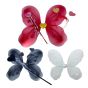 girls butterfly wing set with glitter heart detail and iridescent heart detail in the centre of the wings. set includes wand with heart and streamers and boppers with organza frill and iridescent hearts on springs. Colours available are black ,white ,and 