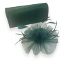 We have done the work for you by preparing this lovley pleated satin evening bag with magnetic fastner and Rhodium plated  chain shoulder strapand teamed it up with a matching bottle green fascinater with pretty rosette and feather detail.

Perfect fot 