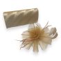 We have done the work for you by teaming up this lovely pleated satin evening bag with a magnetic fastner and rhodium colour plated chain shoulder strap with a matching light gold colour fascinator on a concord clip.

Perfect for that special occasion .