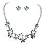 Rhodium colour plated enameled necklace and earring set in a leaf design .

Sold as a pack of 3 