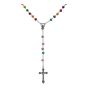 Rhodium colour plated rosary bead necklace with multicolour fimo beads.
