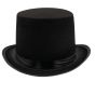 Black medium top hat decorated with Black satin and a leatherette trim.
