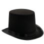 Black large top hat decorated with Black satin and a leatherette trim.
