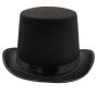 Black large top hat decorated with Black satin and a leatherette trim.
