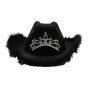 Cowboy hat with a tiara and feather trim.
one size.
