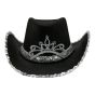 Cowboy hat with a Silver colour sequin trim and tiara.
one size.