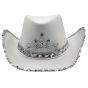 Cowboy hat with a Silver colour sequin trim and tiara.
one size.