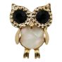 Owl design brooch with genuine Jet crystal stones and imitation mother of pearl.