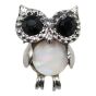 Owl design brooch with genuine Jet crystal stones and imitation mother of pearl.