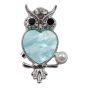 Owl design brooch with genuine Jet and Clear crystal stones, a imitation pearl and imitation mother of pearl.