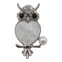 Owl design brooch with genuine Jet and Clear crystal stones, a imitation pearl and imitation mother of pearl.