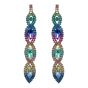 Rhodium colour plated pierced drop earrings with multicolour genuine crystal stones.
