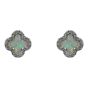 Rhodium plated sterling Silver flower design stud earrings with Clear cubic zirconia stones and synthetic White Opal.
