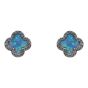 Rhodium plated sterling Silver flower design stud earrings with Clear cubic zirconia stones and synthetic Blue Opal.
