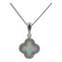 Rhodium plated sterling Silver flower design pendant with Clear cubic zirconia stones and synthetic White Opal.
