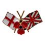 Gold colour plated poppy design pin badge with Union jack, England flag with coloured enamelling.
