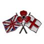 Gold or Rhodium colour plated poppy and Union Jack and England flag design  brooch with Red, White, Black and Navy coloured enamelling.
