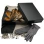 Ladies boxed gift set includes a Black card gift box, a lilly design pashmina scarf and a pair of suedette Grey gloves.
