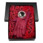 Ladies boxed gift set includes a Black card gift box, a animal print design pashmina scarf and a pair of suedette Burgundy gloves.
