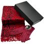 Ladies boxed gift set includes a Black card gift box, a animal print design pashmina scarf and a pair of suedette Burgundy gloves.
