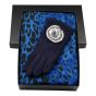 Ladies boxed gift set includes a Black card gift box, a animal print design pashmina scarf and a pair of suedette Navy gloves.
