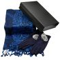 Ladies boxed gift set includes a Black card gift box, a animal print design pashmina scarf and a pair of suedette Navy gloves