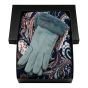 Ladies boxed gift set includes a Black card gift box, Paisley design endless loop scarf and a pair of suedette Blue gloves.
