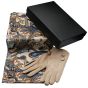 Ladies boxed gift set includes a Black card gift box, Paisley design endless loop scarf and a pair of suedette Beige gloves.