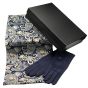 Ladies boxed gift set includes a Black card gift box, Paisley design endless loop scarf and a pair of suedette Navy gloves.
