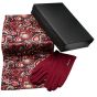 Ladies boxed gift set includes a Black card gift box, Paisley design endless loop scarf and a pair of suedette Burgundy gloves.