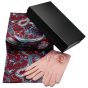 Ladies boxed gift set includes a Black card gift box, Paisley design endless loop scarf and a pair of suedette Pink gloves.
