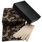 Ladies boxed gift set includes a Black card gift box, Paisley design endless loop scarf and a pair of suedette Beige gloves.