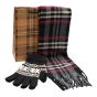 Complete gents gift set includes a tartan design scarf, stretch knitted gloves and a tartan print gift bag.
