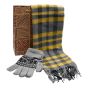 Complete gents gift set includes a tartan design scarf, stretch knitted gloves and a tartan print gift bag.
