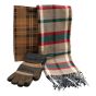 Complete gents gift set includes a tartan design scarf, stretch knitted gloves and a tartan print gift bag.
