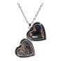 Rhodium colour plated love heart design locket with a floral pattern.