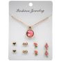 Gold colour plated pendant and pierced stud earring set with glass and Pink coloured enamelling.
Set includes 1 chained pendant and 4 pairs of assorted pierced stud earrings.
