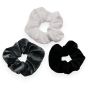 Plain velvet scrunchies.
In  assorted colours of White, Black and Grey.
Measuring approx. 13cm in diameter.
Pack of 12.