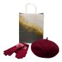 Ladies complete gift set includes,
1 pair of Burgundy pompom gloves, 1 ladies Burgundy beret hat.
Both 1 size fits all.
Presented with a paper gift bag.