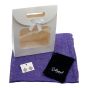 Ladies complete gift set includes a Purple/Gold colour foil speckle scarf, Gold colour plated pierced stud earrings with genuine Clear crystal stones, a Navy velvet drawstring gift pouch and a White card gift bag with a clear window and a velcro fastening