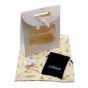 Ladies complete gift set includes a Cream/Gold colour foil feather print scarf, Gold colour plated pierced drop earrings with genuine crystal stones, a Navy velvet drawstring gift pouch and a White card gift bag with a clear window and a velcro fastening.