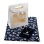 Ladies complete gift set includes a Navy/Silver colour foil heart print scarf, Rhodium colour plated tree of life heart pendant with genuine crystal stones, a Navy velvet drawstring gift pouch and a White card gift bag with a clear window and a velcro fas