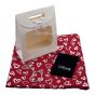 Ladies complete gift set includes a Burgundy/Silver colour foil heart print scarf, Rhodium colour heart bag charm with genuine crystal stones, a Navy velvet drawstring gift pouch and a White card gift bag with a clear window and a velcro fastening.
