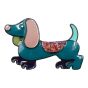 Venetti collection, Black colour plated dachshund sausage dog design brooch with coloured enamel detail.