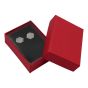 Red, card earrings box with a Black flock coated inner foam and clear acetate insert.
Outer edge of box measuring approx  4.5cm x 6cm x 2cm.
**Jewellery is not included**