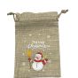 Christmas hessian drawstring pouches .

Available in  natutal with a snowman  design.

Discount available in quantity .

See link below for a similar product .

Size approx usable space 12 X 10 cm ,total size 15 x 10 cm.