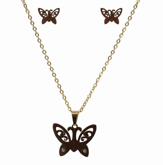 Stainless Steel Butterfly Pendant and Pierced Stud Earring Set