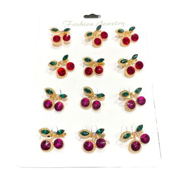 gold colour plated ladies cherry brooch with crystal stones available in red and fuchsia with green crystal leaves 